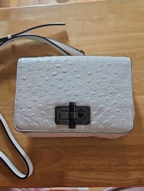 Diane Von Furstenberg White Ostrich Textured Crossbody with Turn-Lock